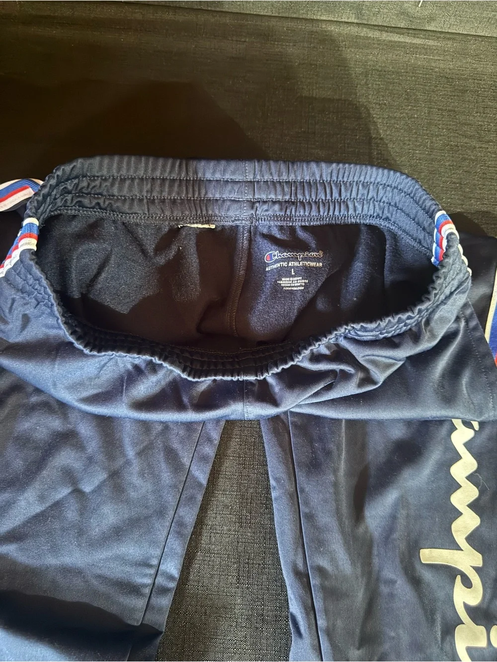 Champion Navy Joggers with White Script and Red Logo Detail